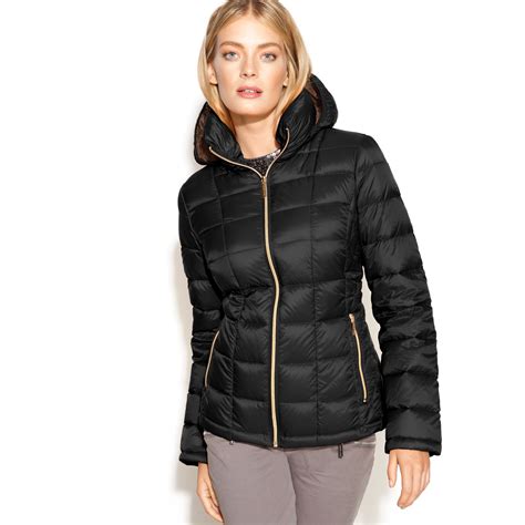 michael michael kors high-shine hooded down puffer coat|Michael Kors lightweight packable jacket.